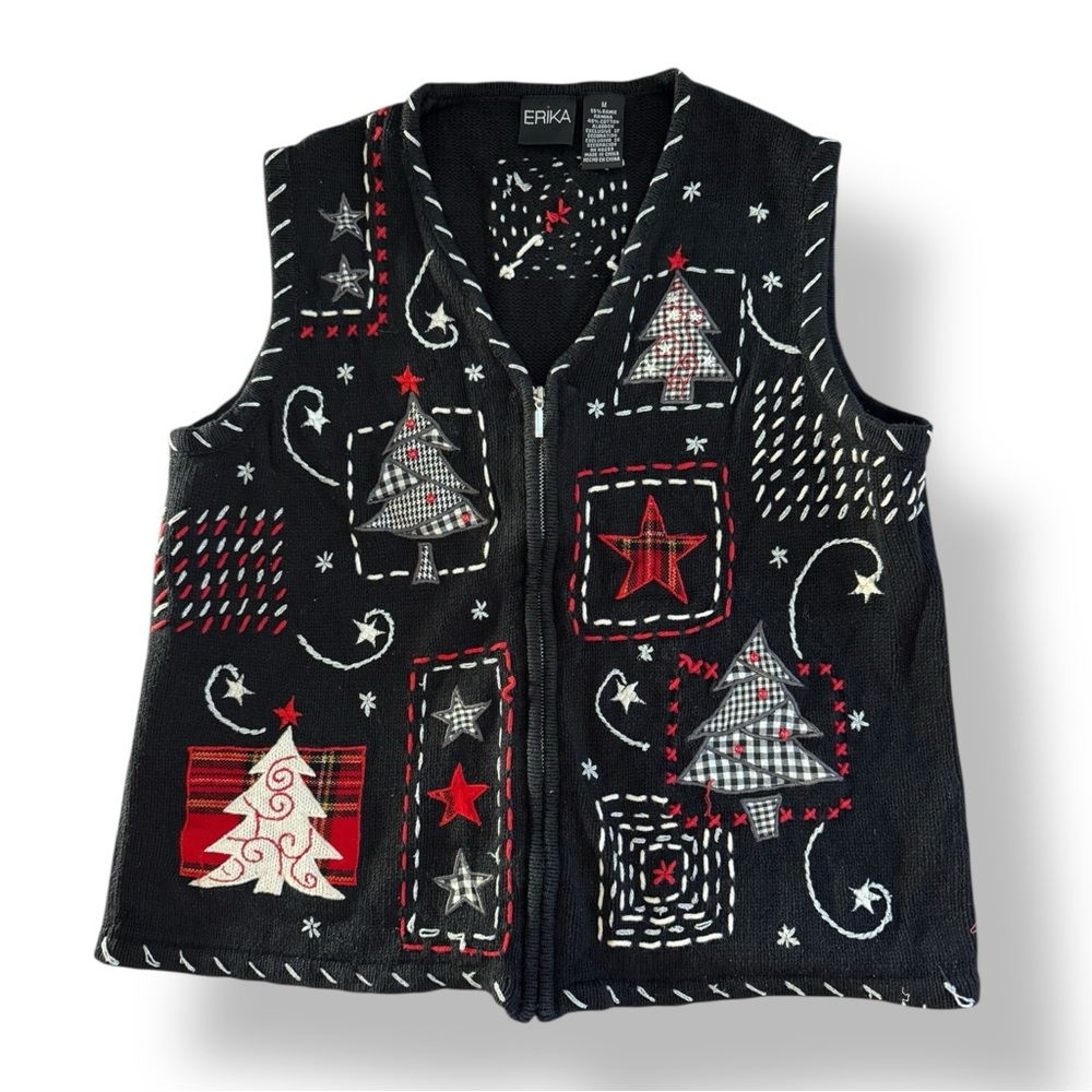 Christmas Sweater Vest Vintage Erika Cotton Blend Black Full Zip